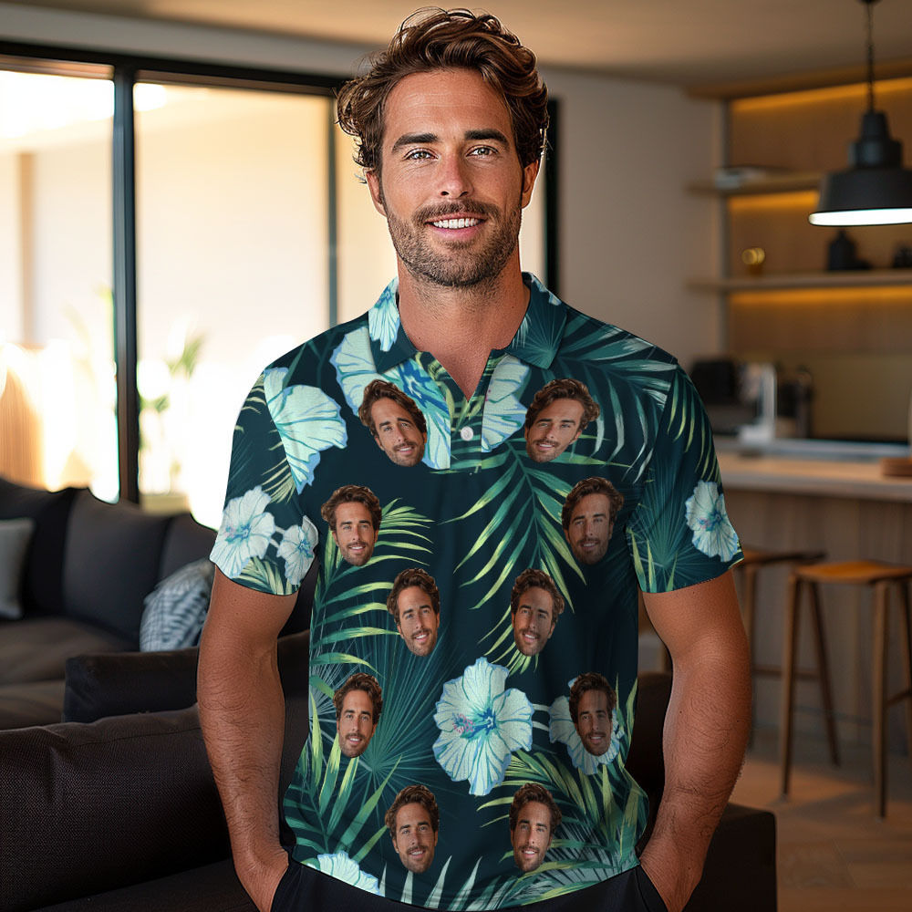 Custom Men's Face Polo Shirt Golf Polo Shirts For Him Green leaves
