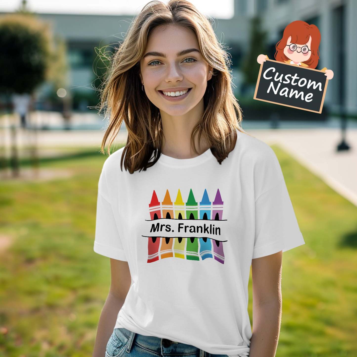 Personalized Crayon T-Shirt Teacher Custom Name Shirt Back to School Gifts - PhotoBoxer