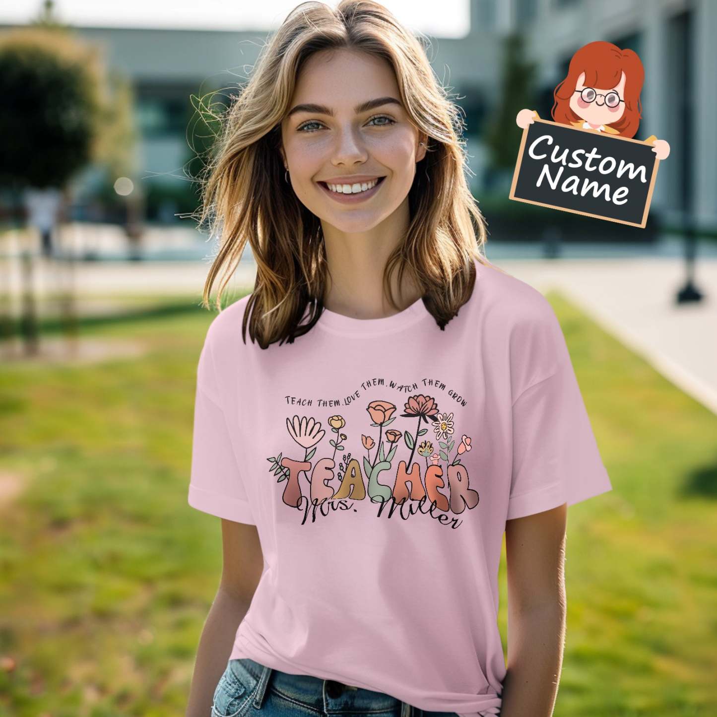 Personalized Wildflower T-Shirt Teacher Custom Name Shirt Back to School Gifts - PhotoBoxer