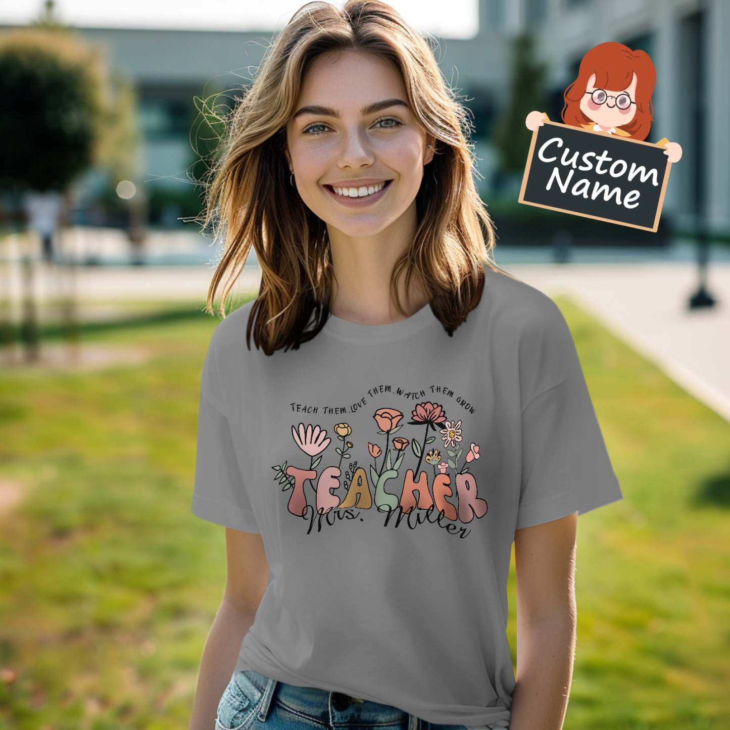 Personalized Wildflower T-Shirt Teacher Custom Name Shirt Back to School Gifts - PhotoBoxer