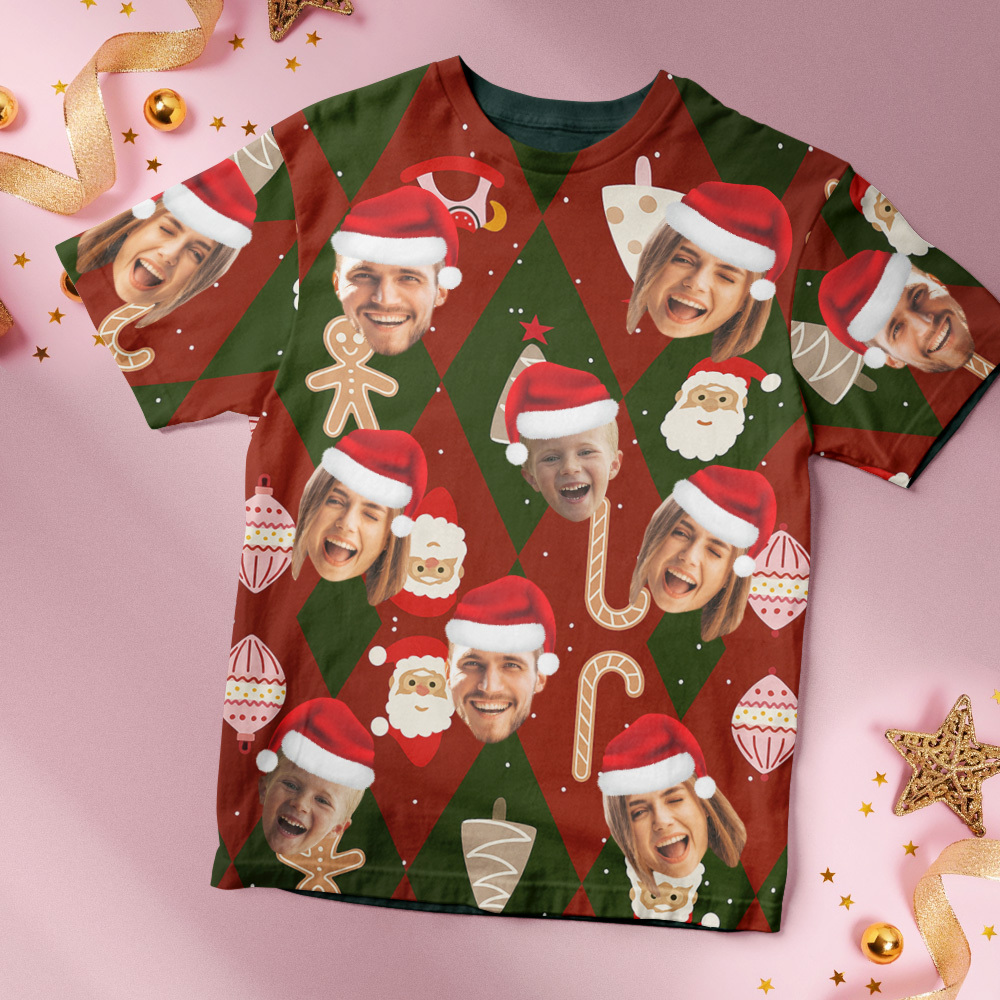 Custom Face T-shirt Personalized Personalized Photo Xmas Leds Unisex T-shirts Merry Christmas - PhotoBoxer