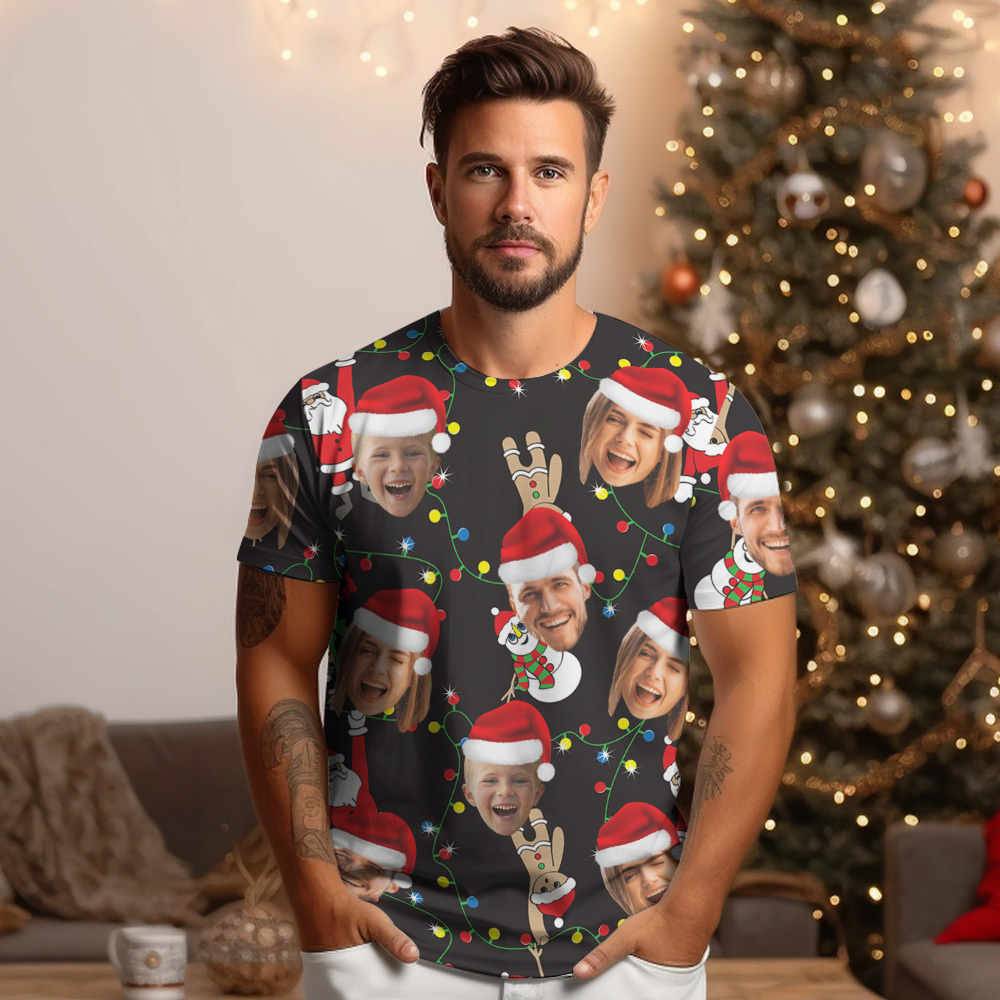 Custom Face T-shirt Personalized Personalized Photo Xmas Leds Unisex T-shirts Merry Christmas - PhotoBoxer