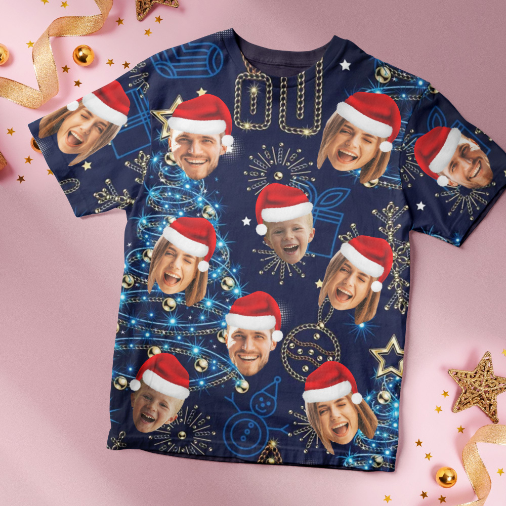 Custom Face T-shirt Personalized Personalized Photo Xmas Leds Unisex T-shirts Merry Christmas - PhotoBoxer