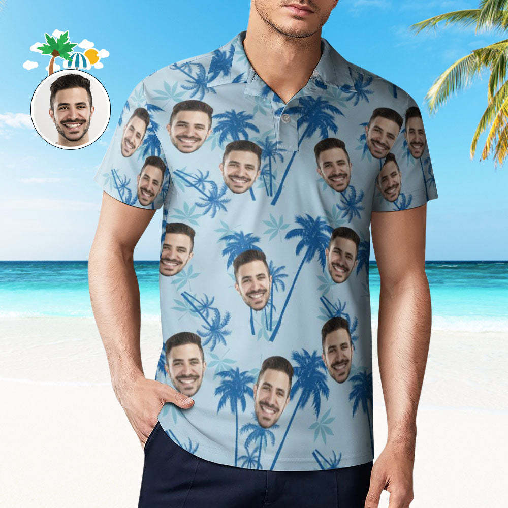 Men's Custom Face Polo Shirt Personalised Light Blue Hawaiian Golf Shirts - PhotoBoxer