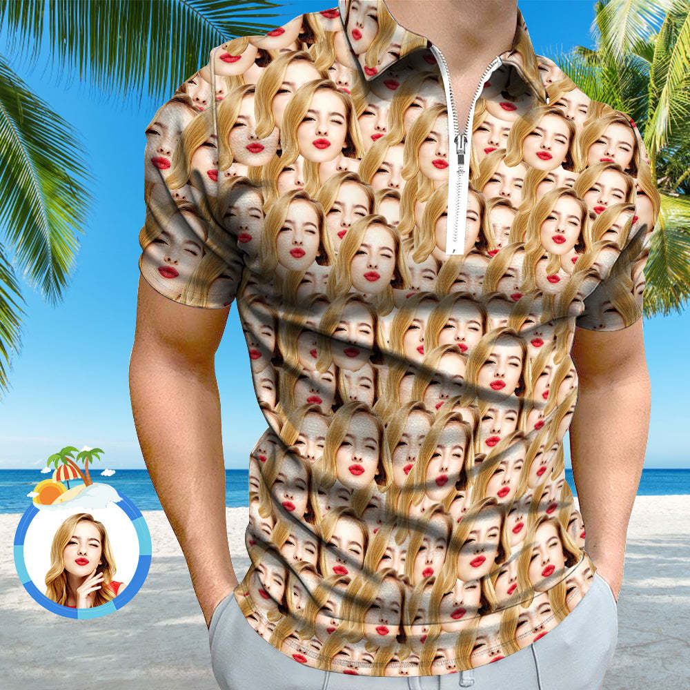 Custom Men's Polo Shirt Personalized Face Funny Polo Shirt with Zipper - PhotoBoxer