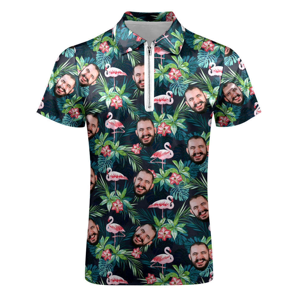 Custom Men's Polo Shirt with Zipper Personalized Face Hawaiian Style Polo Shirt - PhotoBoxer