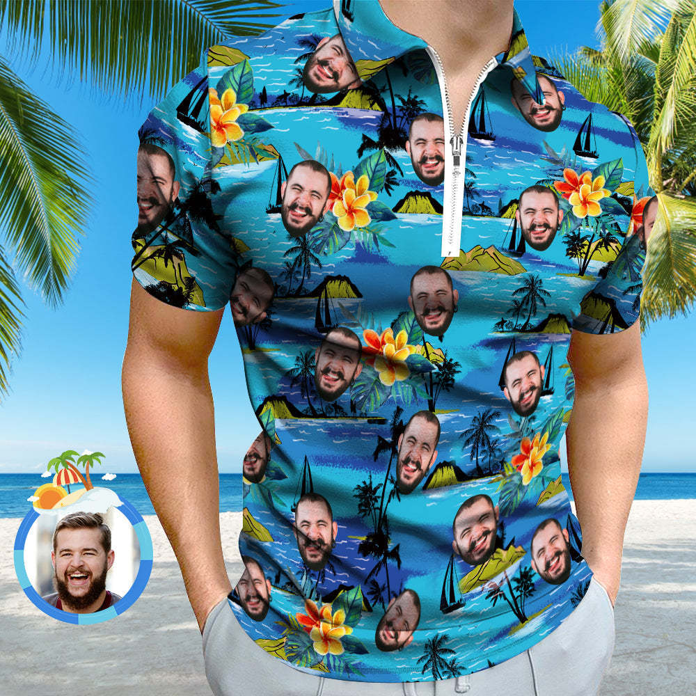Custom Face Men's Polo Shirt with Zipper Funny Polo Shirt for Boyfriend or Husband - PhotoBoxer