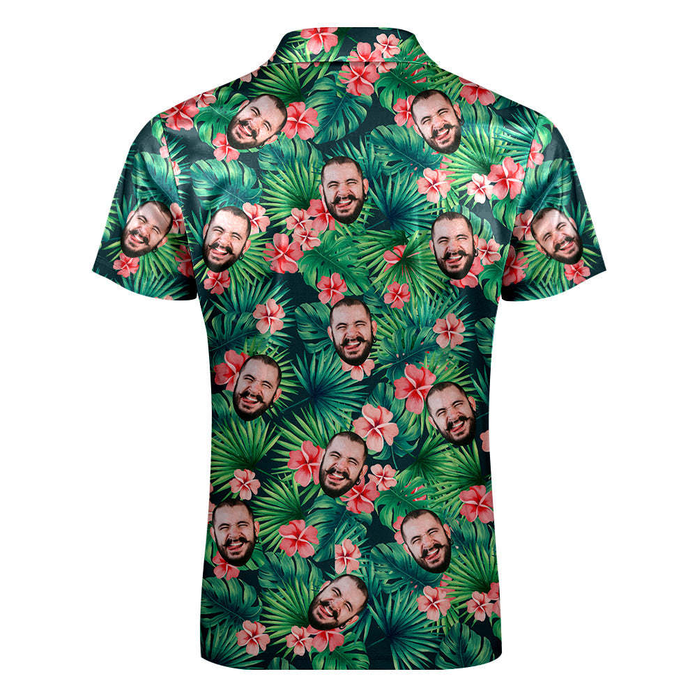 Custom Polo Shirt with Zipper Personalized Face Hawaiian Style Men's Polo Shirt - PhotoBoxer