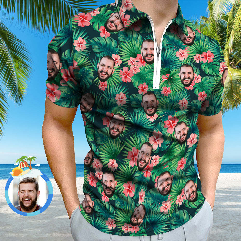 Custom Polo Shirt with Zipper Personalized Face Hawaiian Style Men's Polo Shirt - PhotoBoxer