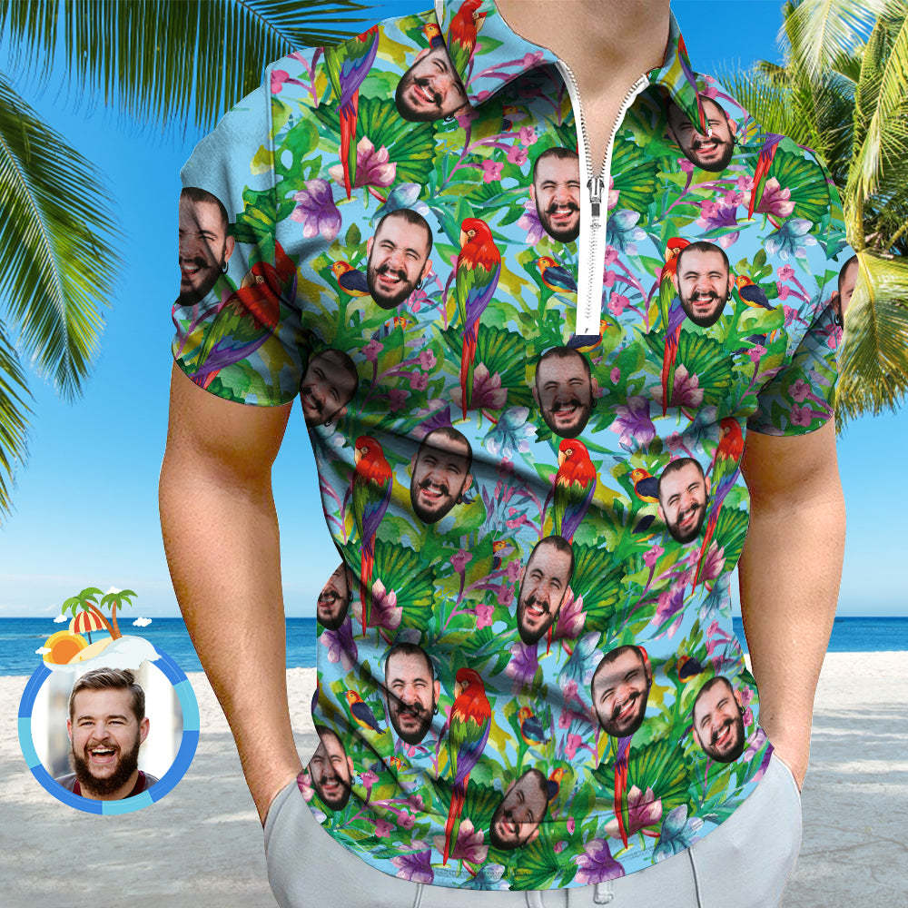 Custom Polo Shirt with Zipper Personalized Face Hawaiian Style Men's Polo Shirt for Him - PhotoBoxer