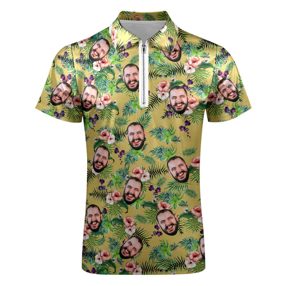 Custom Funny Polo Shirt with Zipper Personalized Face Hawaiian Style Polo Shirt for Men - PhotoBoxer
