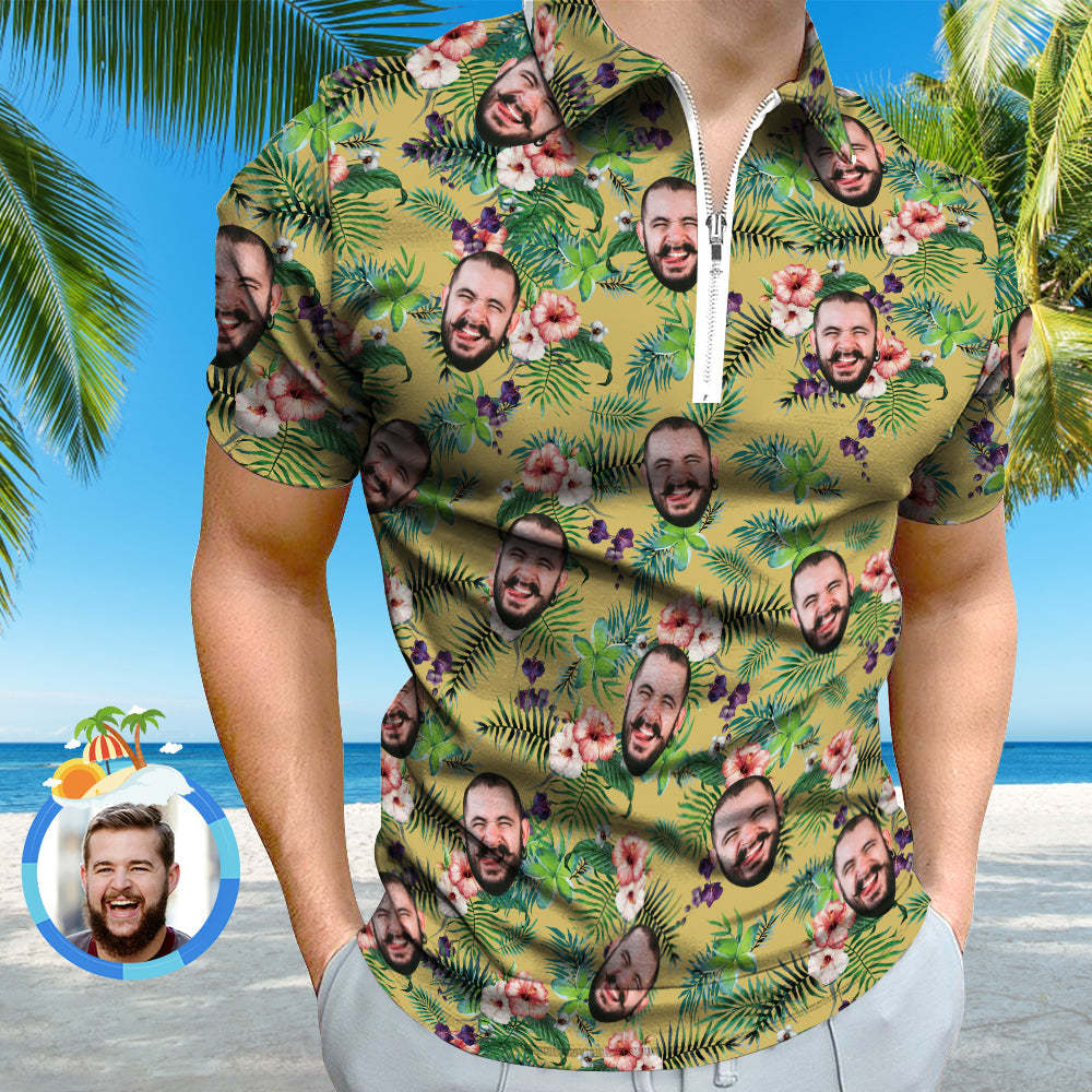Custom Funny Polo Shirt with Zipper Personalized Face Hawaiian Style Polo Shirt for Men - PhotoBoxer