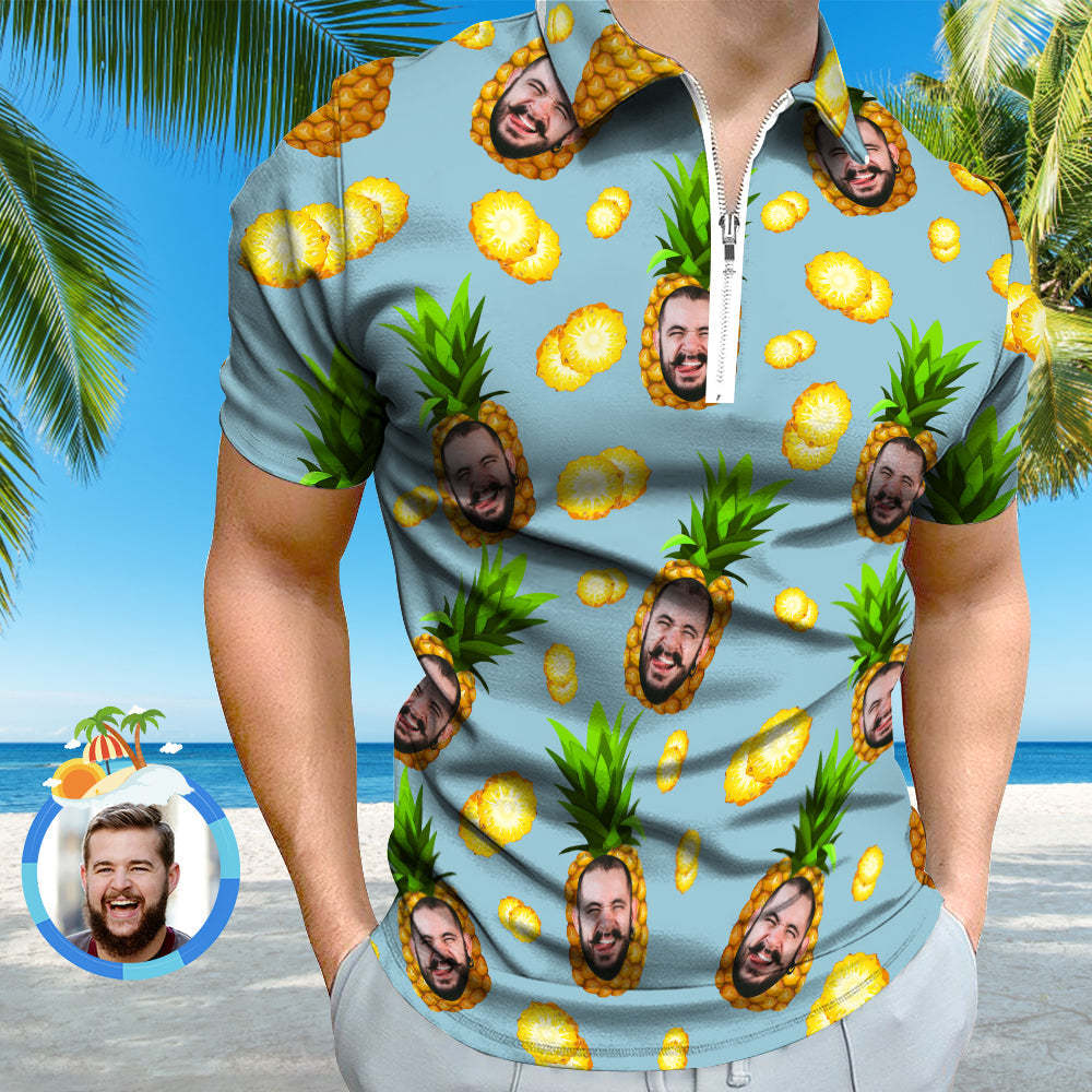 Custom Face Polo Shirt with Zipper Personalized Funny Pineapple Pattern Men's Polo Shirt - PhotoBoxer