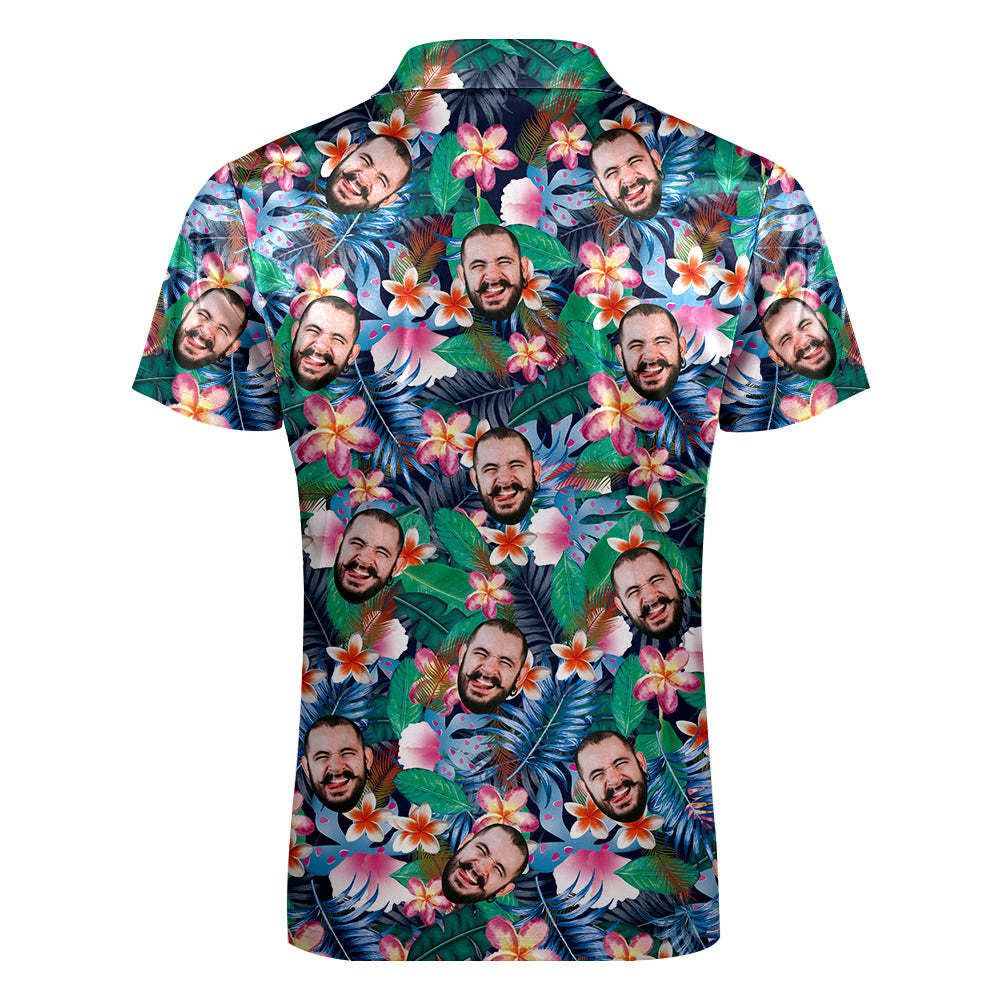Custom Hawaiian Style Polo Shirt with Zipper Personalized Face Men's Polo Shirt for Him - PhotoBoxer
