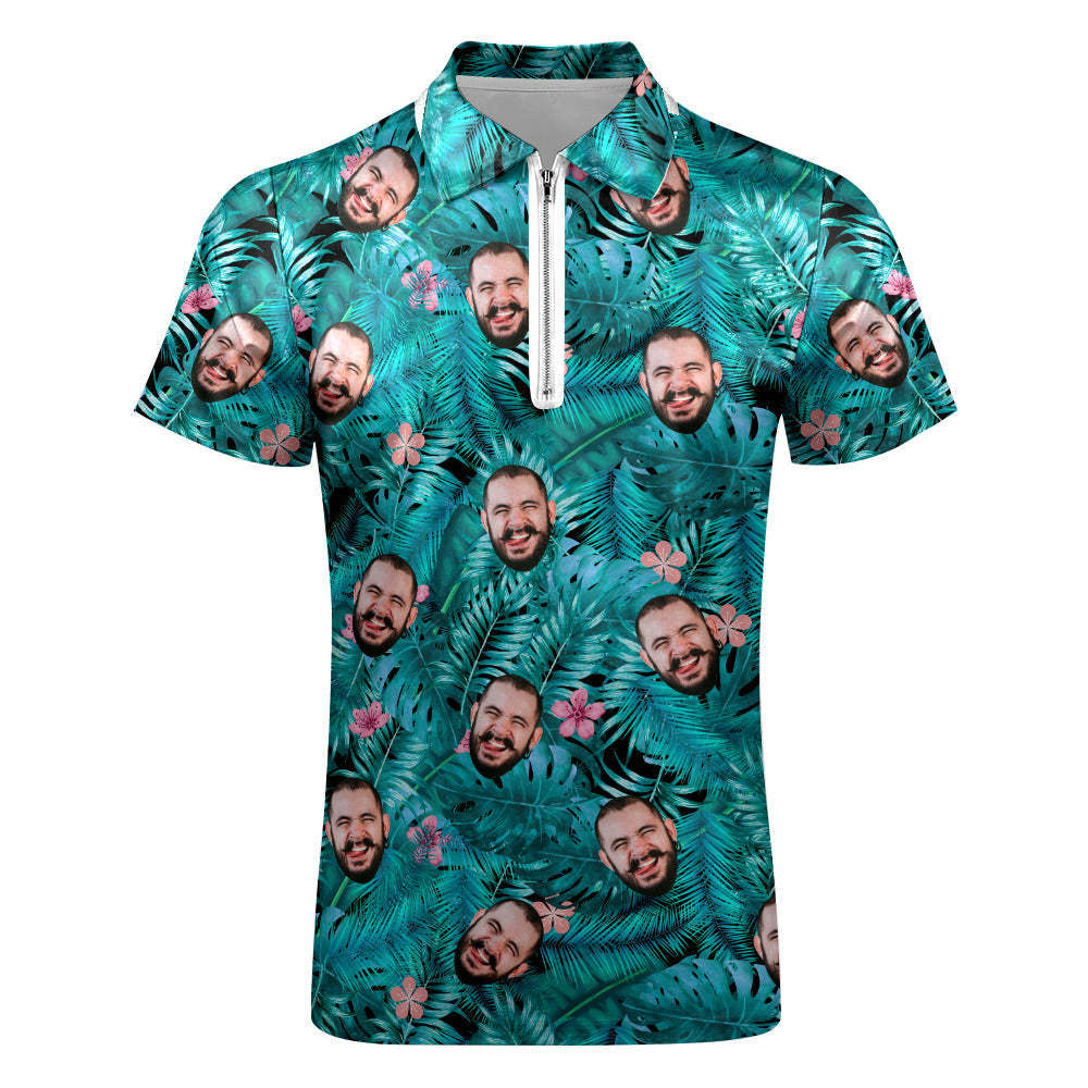 Custom Hawaiian Style Polo Shirt with Zipper Personalized Face Polo Shirt for Boyfriend or Husband - PhotoBoxer
