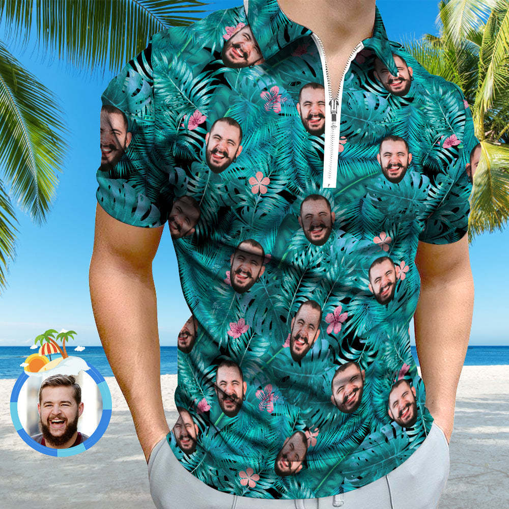 Custom Hawaiian Style Polo Shirt with Zipper Personalized Face Polo Shirt for Boyfriend or Husband - PhotoBoxer