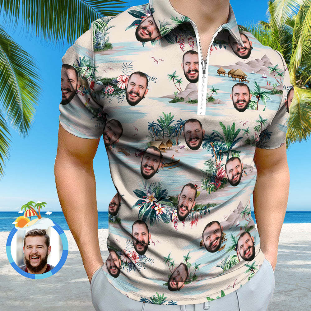 Custom Face Hawaiian Style Polo Shirt with Zipper Men's Polo Shirt for Boyfriend or Husband - PhotoBoxer