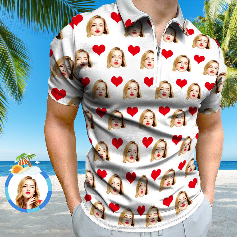 Custom Face Polo Shirt with Zipper Men's Polo Shirt for Boyfriend or Husband - PhotoBoxer