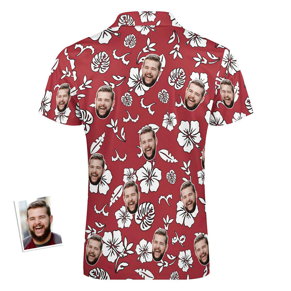 Custom Red Flowers Men's Polo Shirt Personalized Face Funny Polo Shirt with Zipper - PhotoBoxer