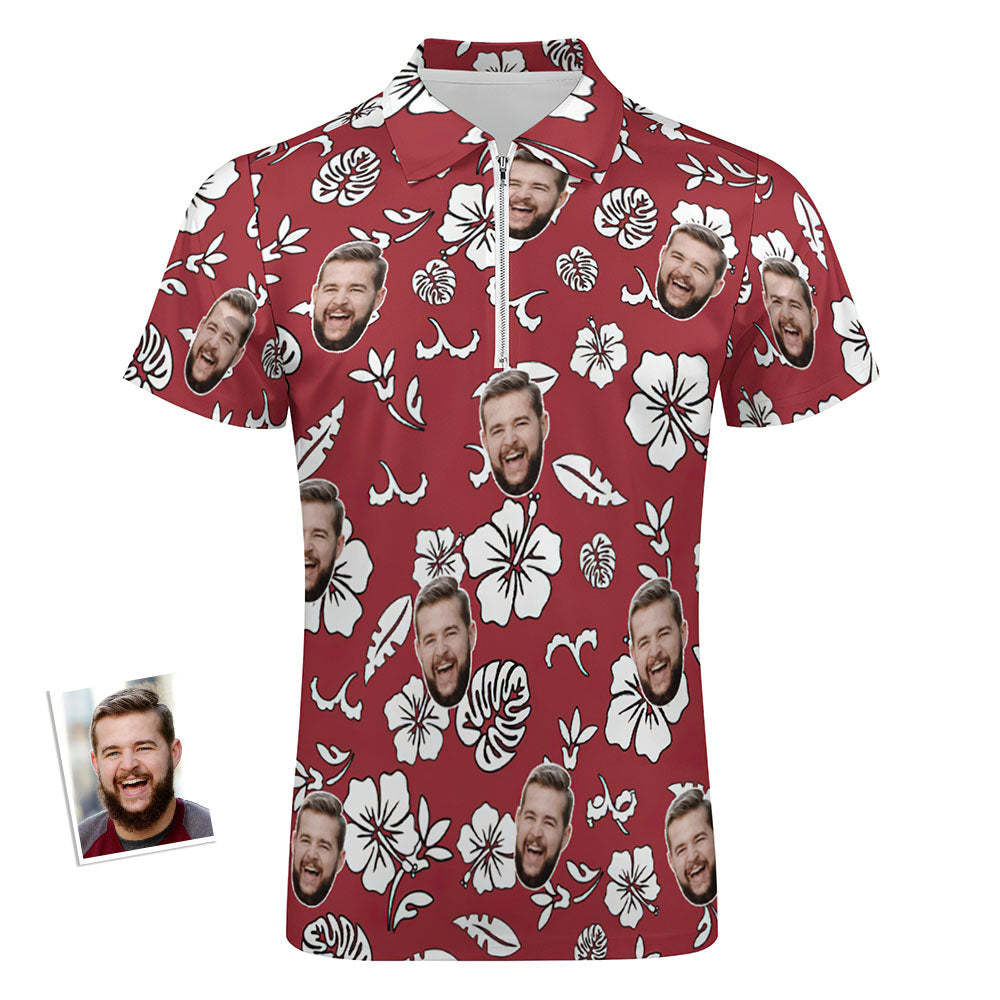 Custom Red Flowers Men's Polo Shirt Personalized Face Funny Polo Shirt with Zipper - PhotoBoxer