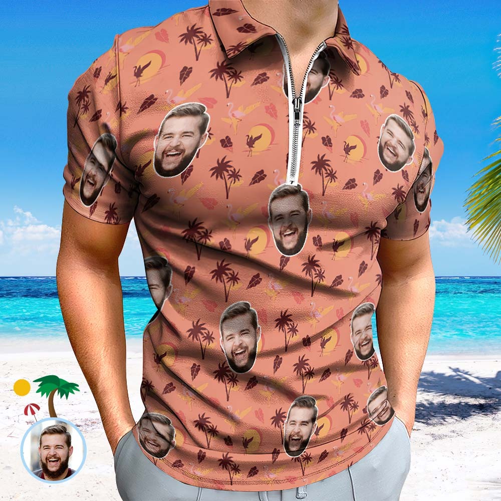 Custom Flamingo Tropical Sunset Men's Polo Shirt Personalized Face Funny Polo Shirt with Zipper - PhotoBoxer
