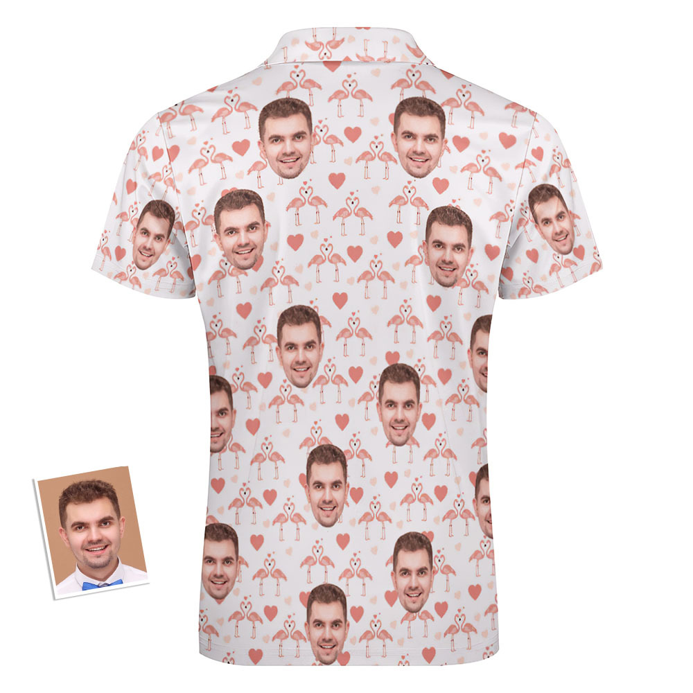 Custom Flamingo Love Men's Polo Shirt Personalized Face Funny Polo Shirt with Zipper - PhotoBoxer