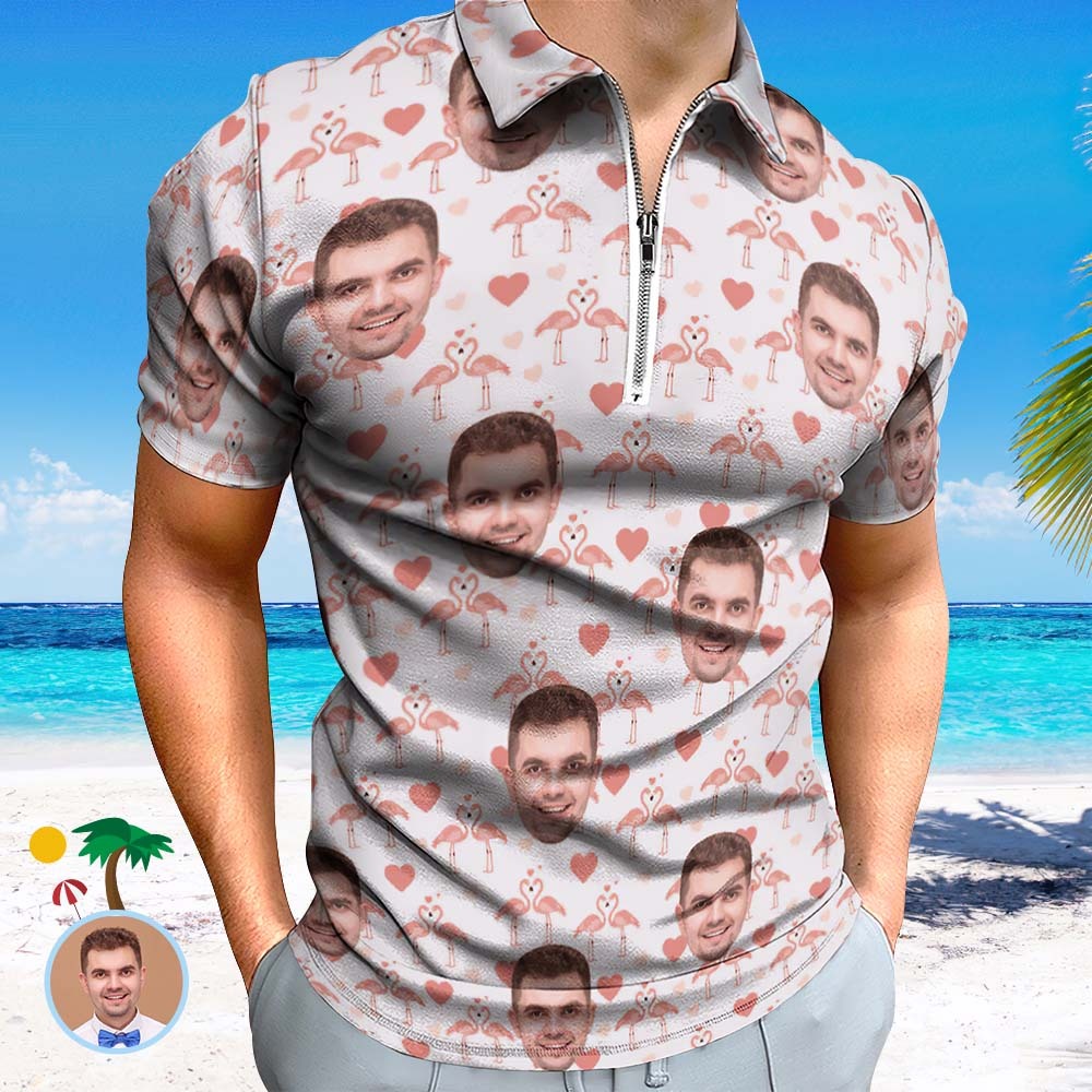 Custom Flamingo Love Men's Polo Shirt Personalized Face Funny Polo Shirt with Zipper - PhotoBoxer