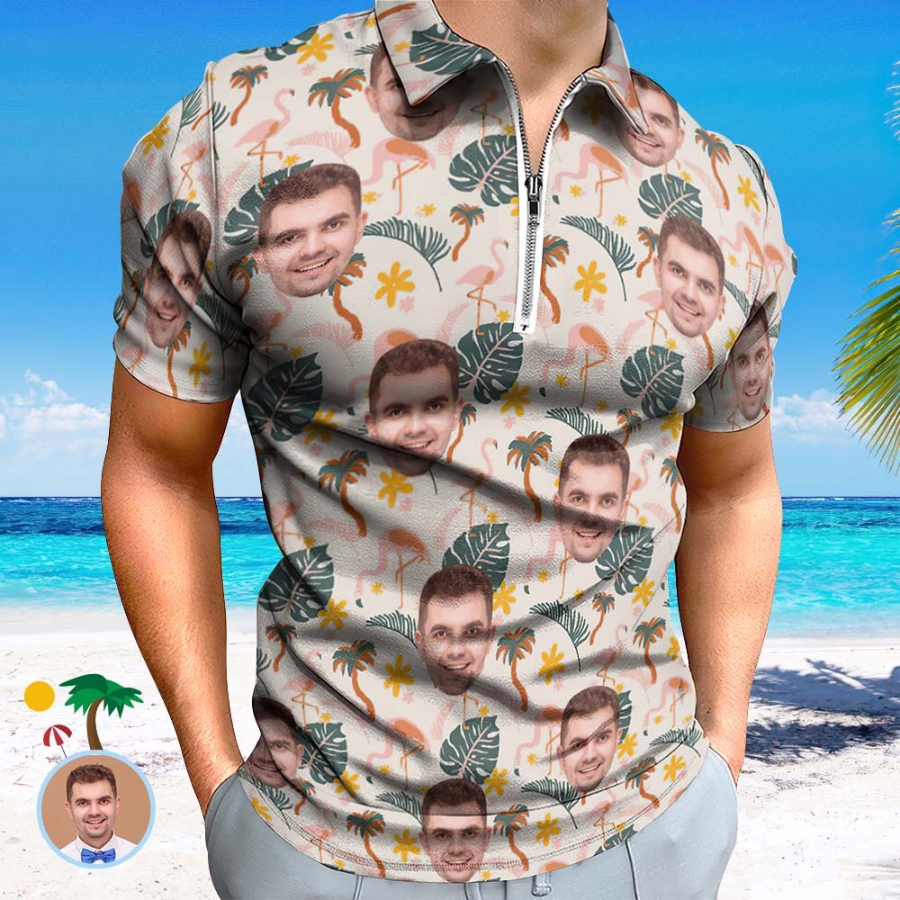 Custom Flamingo Wild Floral Men's Polo Shirt Personalized Face Funny Polo Shirt with Zipper - PhotoBoxer
