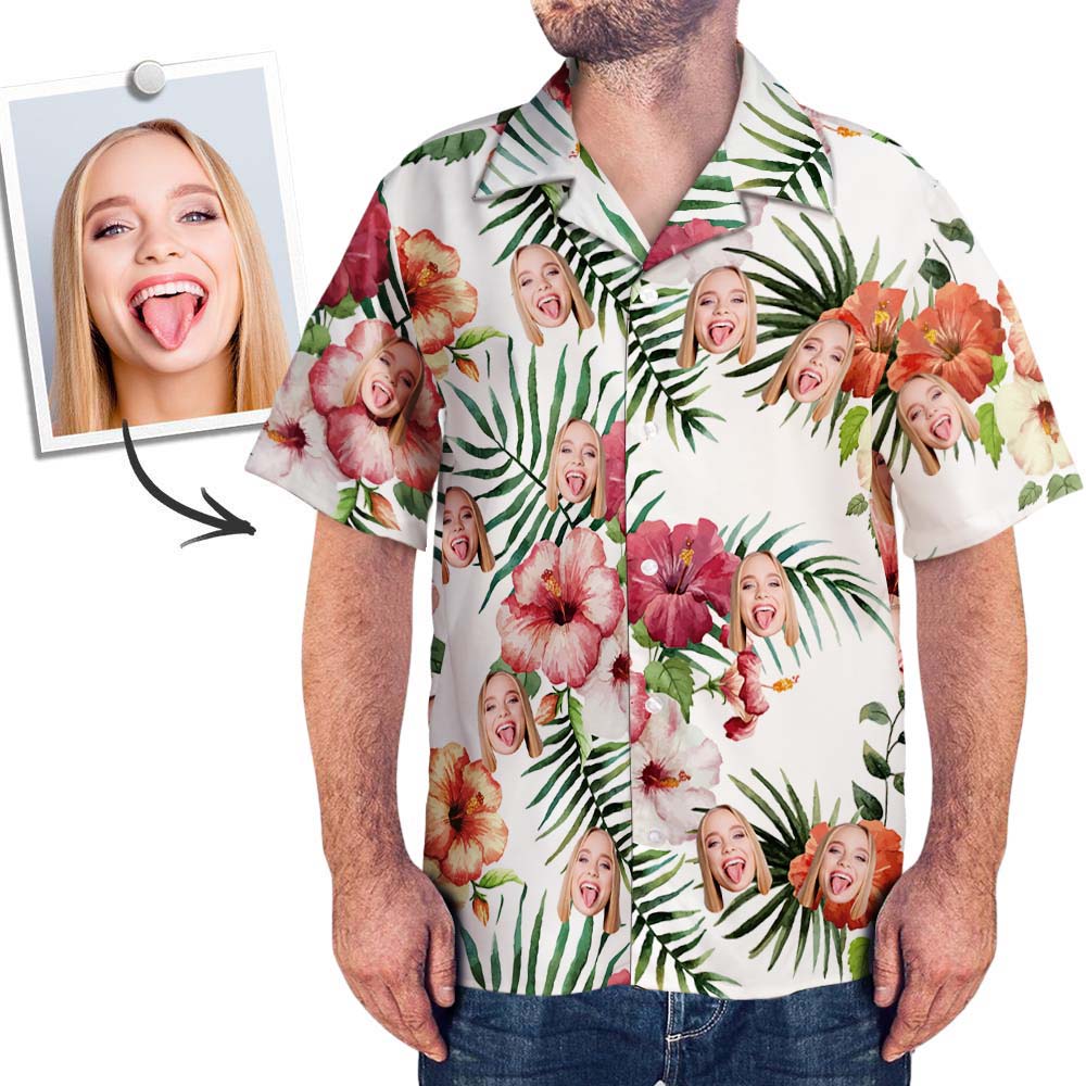 Custom Face Shirt Men's Hawaiian Shirt Colorful Flowers Beach Summer Short Sleeve Hawaiian Shirt