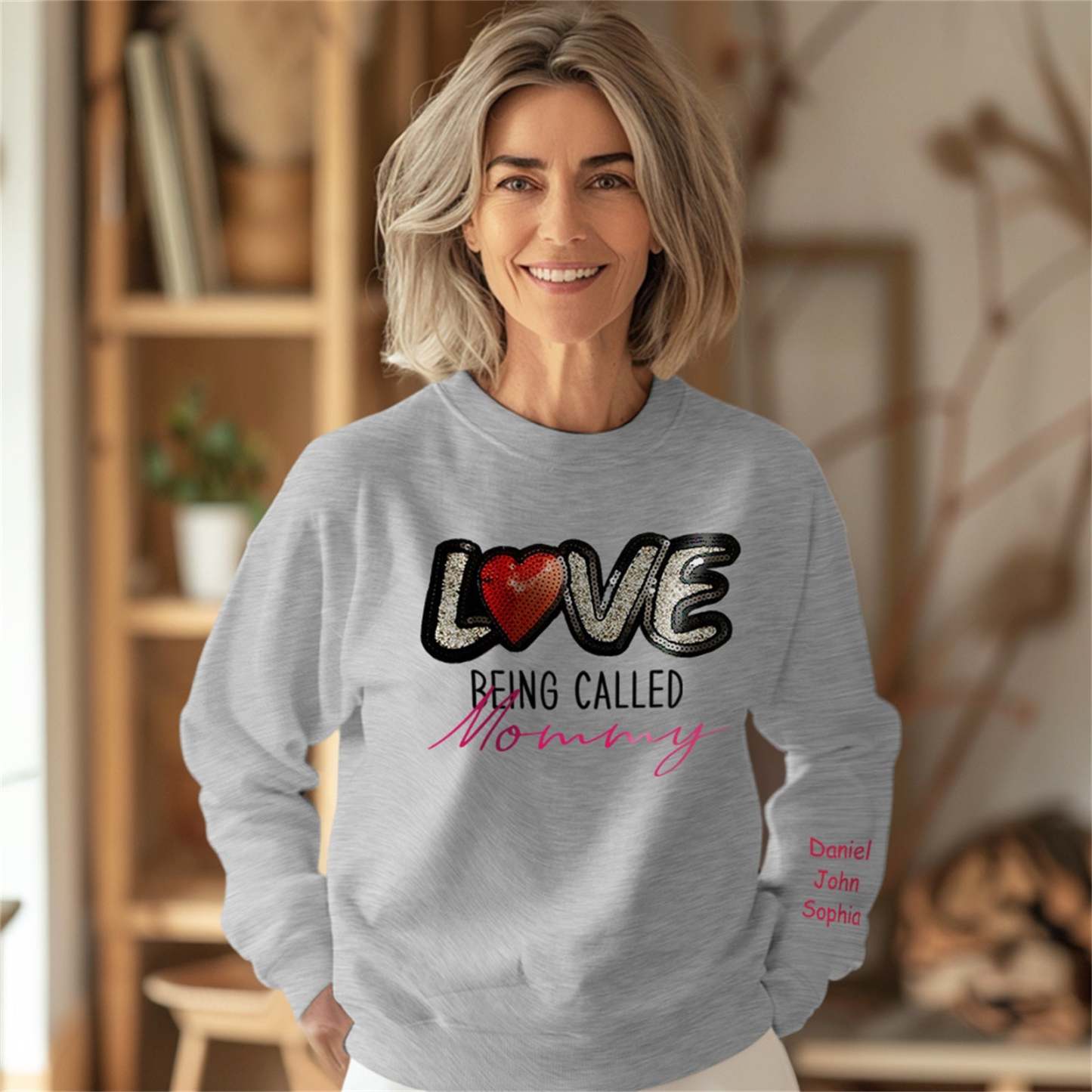 Personalized Names Sweatshirt Custom Sweatshirt with LOVE Sequins Mother's Day Gift - PhotoBoxer