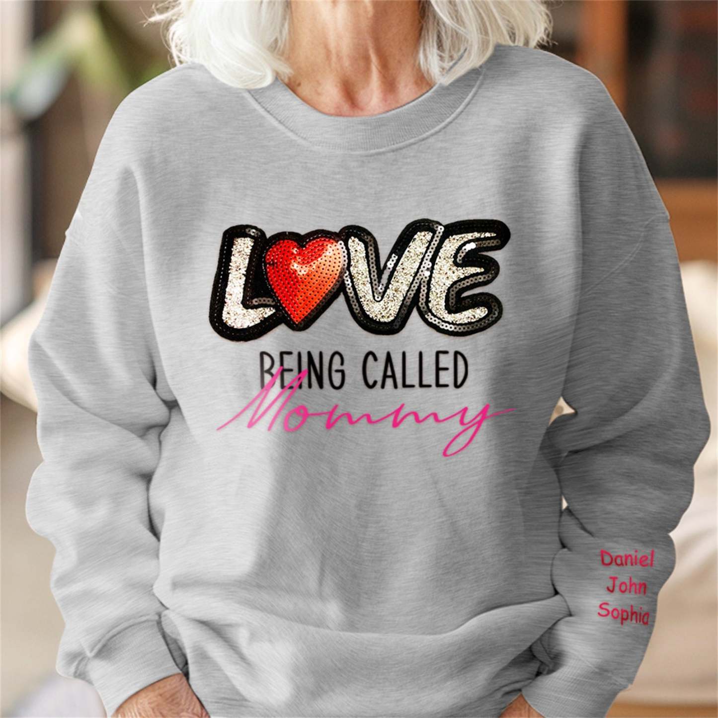 Personalized Names Sweatshirt Custom Sweatshirt with LOVE Sequins Mother's Day Gift - PhotoBoxer