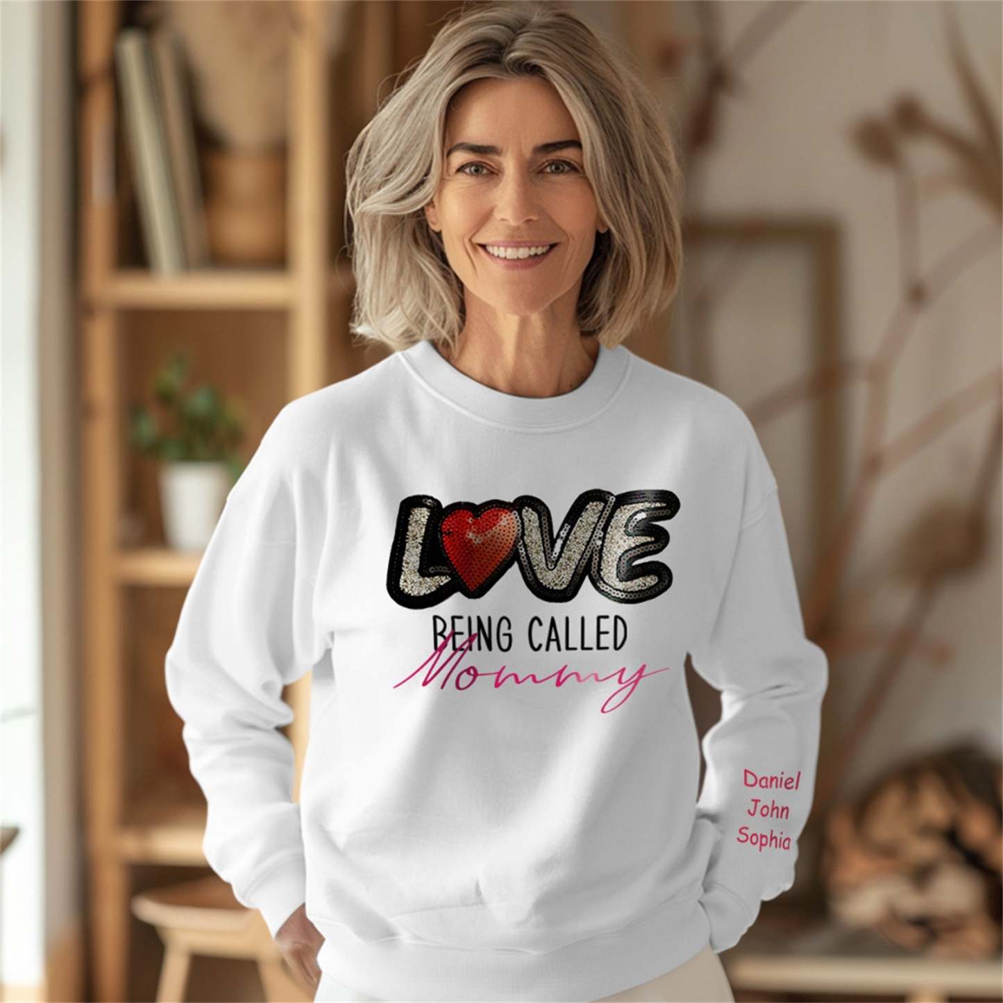 Personalized Names Sweatshirt Custom Sweatshirt with LOVE Sequins Mother's Day Gift - PhotoBoxer