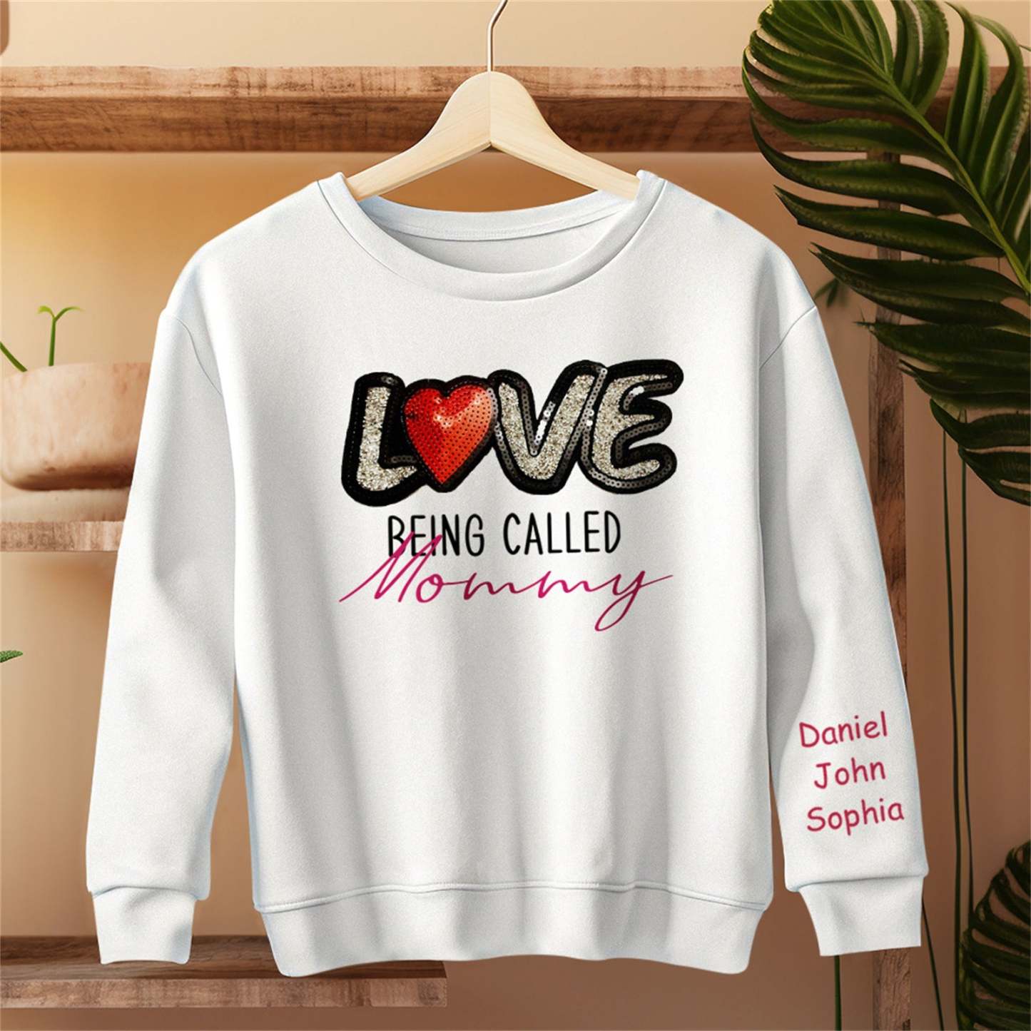 Personalized Names Sweatshirt Custom Sweatshirt with LOVE Sequins Mother's Day Gift - PhotoBoxer