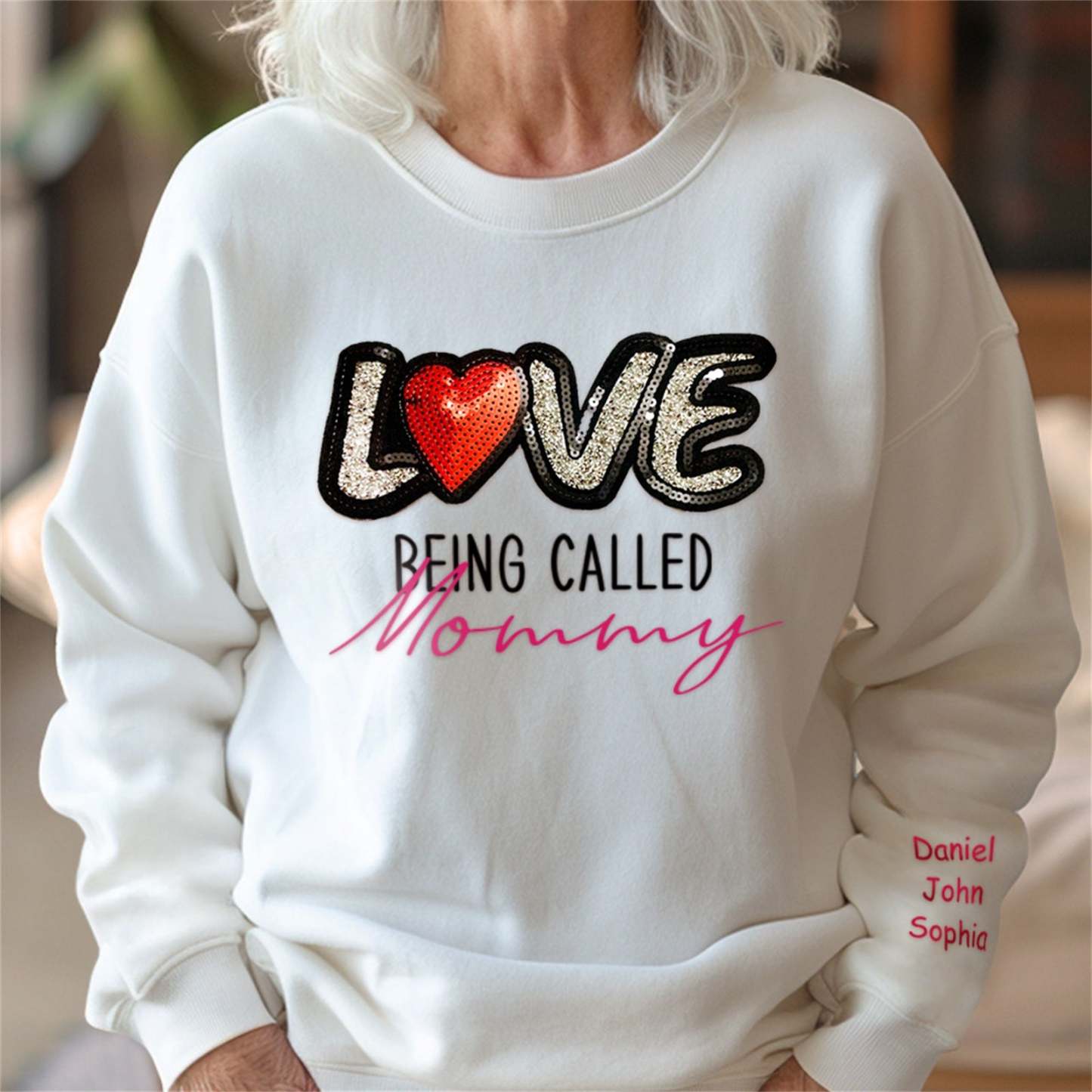 Personalized Names Sweatshirt Custom Sweatshirt with LOVE Sequins Mother's Day Gift - PhotoBoxer