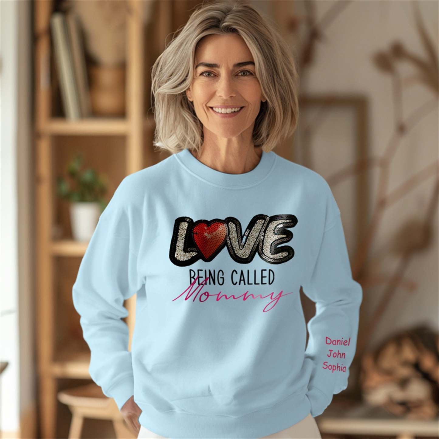 Personalized Names Sweatshirt Custom Sweatshirt with LOVE Sequins Mother's Day Gift - PhotoBoxer