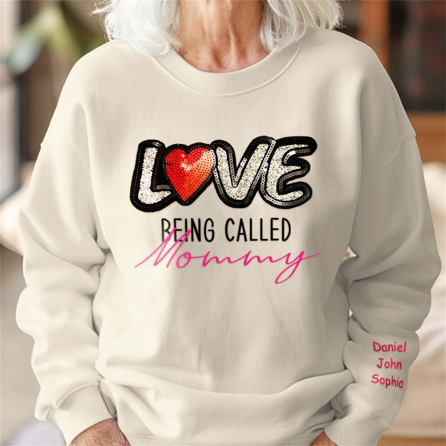 Personalized Names Sweatshirt Custom Sweatshirt with LOVE Sequins Mother's Day Gift - PhotoBoxer