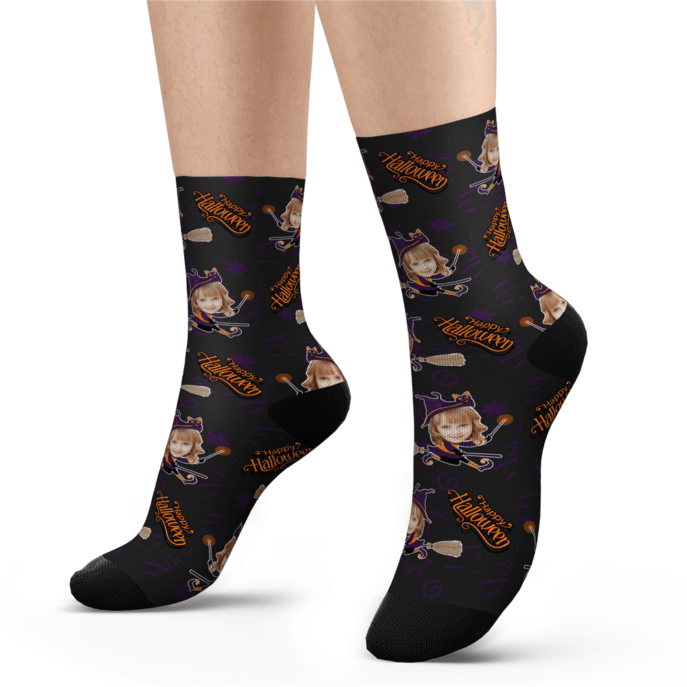 Halloween Custom Girl Witch Face Socks - PhotoBoxer