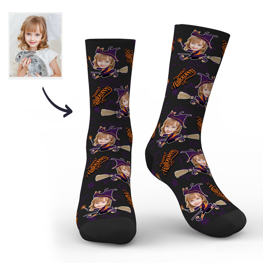 Halloween Custom Girl Witch Face Socks - PhotoBoxer