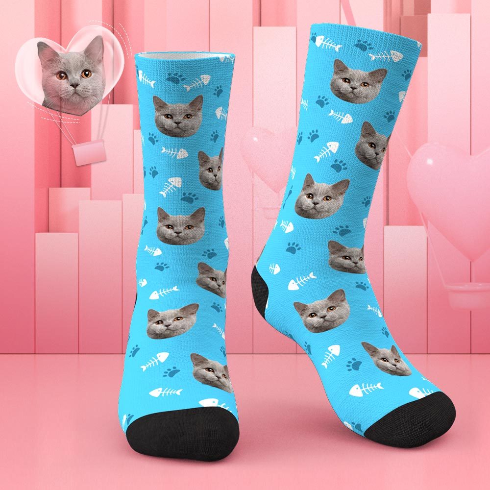 Custom Lovely Cat Photo Socks CWZ050 - Blue - PhotoBoxer