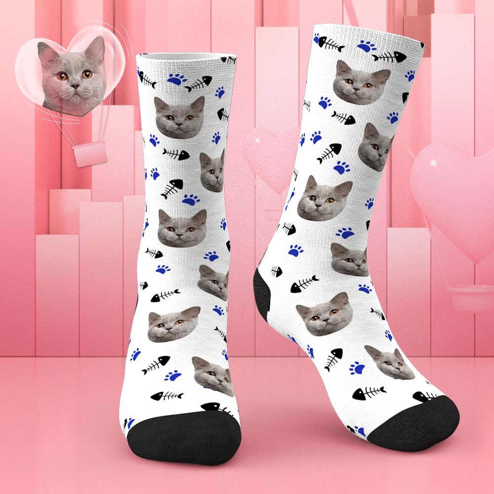 Custom Lovely Cat Photo Socks CWZ050 - Blue - PhotoBoxer