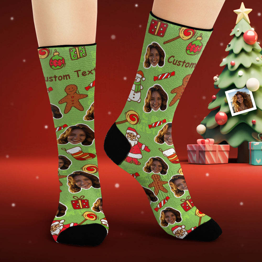Custom Face Socks Personalized Photo Green Socks Christmas Gifts - PhotoBoxer