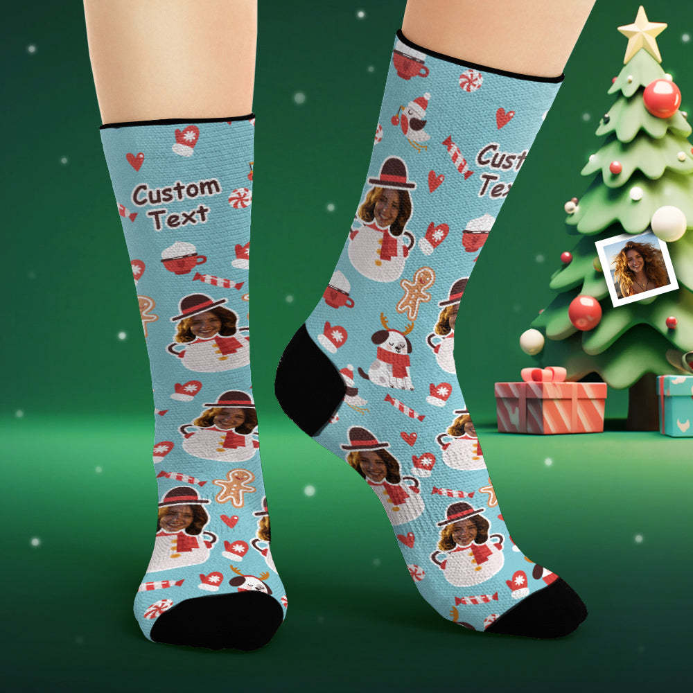 Custom Face Socks Personalized Photo Blue Socks Funny Snowman - PhotoBoxer