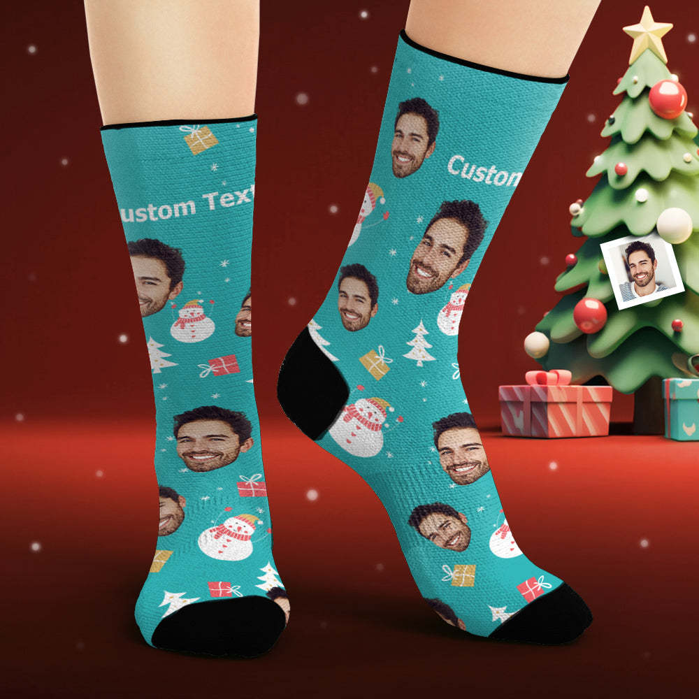Custom Face Socks Personalized Photo Blue Socks Snowman Merry Christmas - PhotoBoxer