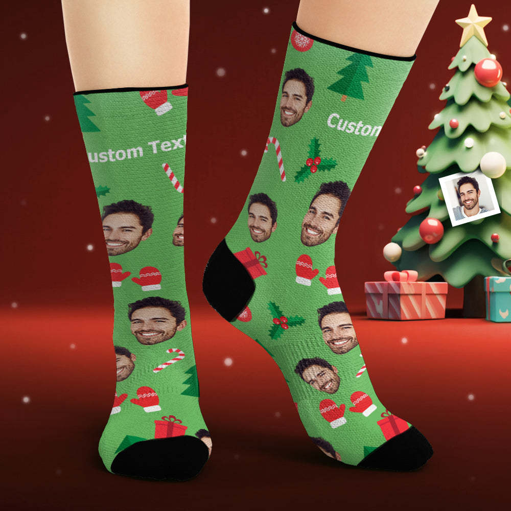 Custom Face Socks Personalized Photo Green Socks Christmas Gingerbread Man - PhotoBoxer