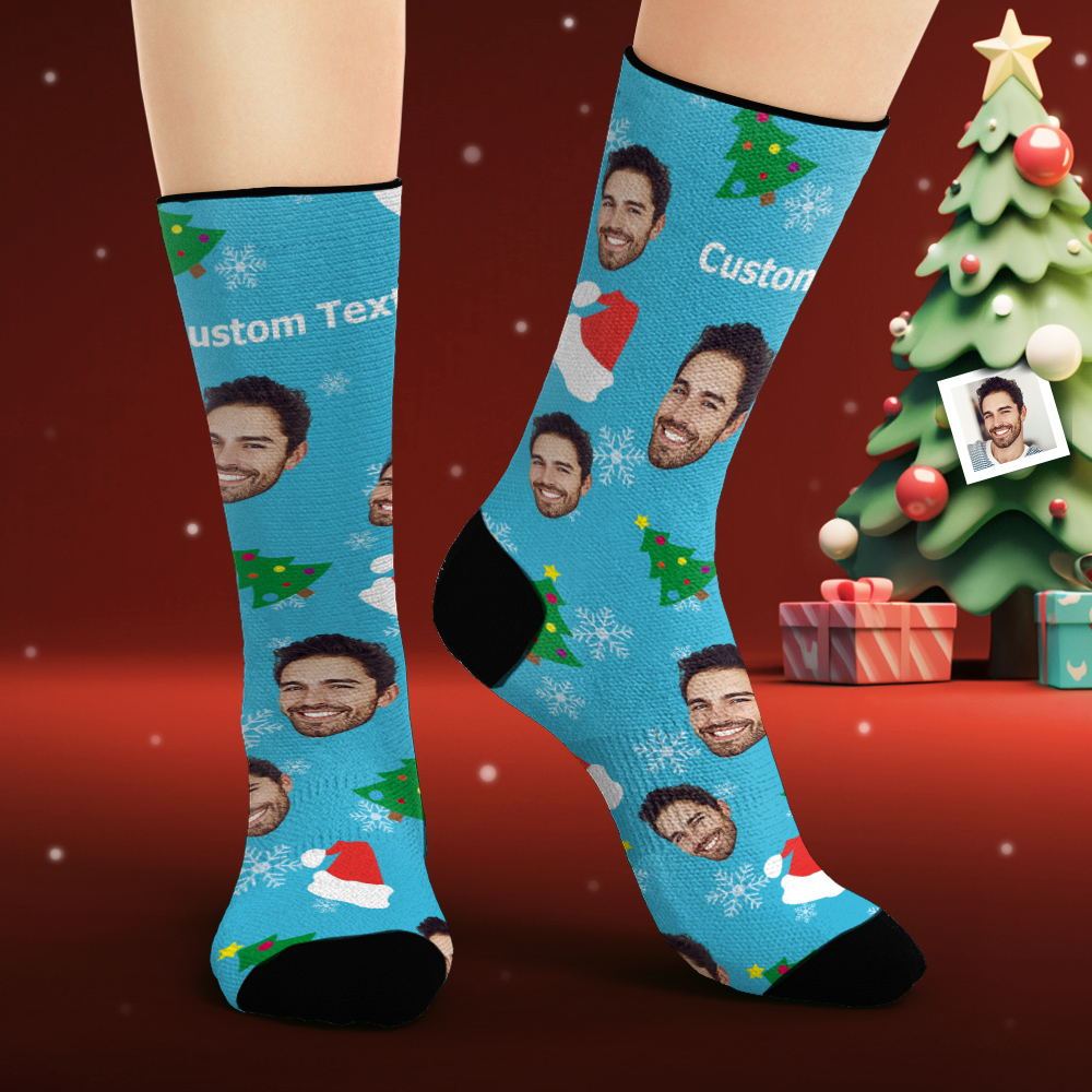 Custom Face Socks Personalized Photo Socks Christmas Trees and Santa Hats Christmas Gifts - PhotoBoxer