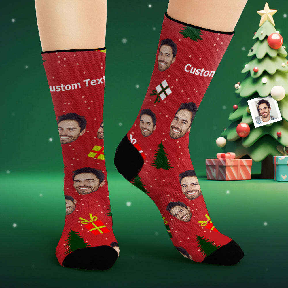 Custom Face Socks Personalized Photo Red Socks Christmas Tree and Gifts - PhotoBoxer