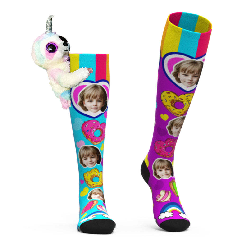 Custom Socks Knee High Face Socks Sloth Doll Colorful Donut Socks - PhotoBoxer