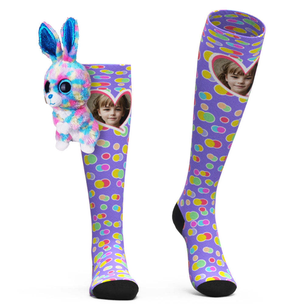 Custom Socks Knee High Face Socks Rabbit Doll Colorful Polka Dot Socks - PhotoBoxer