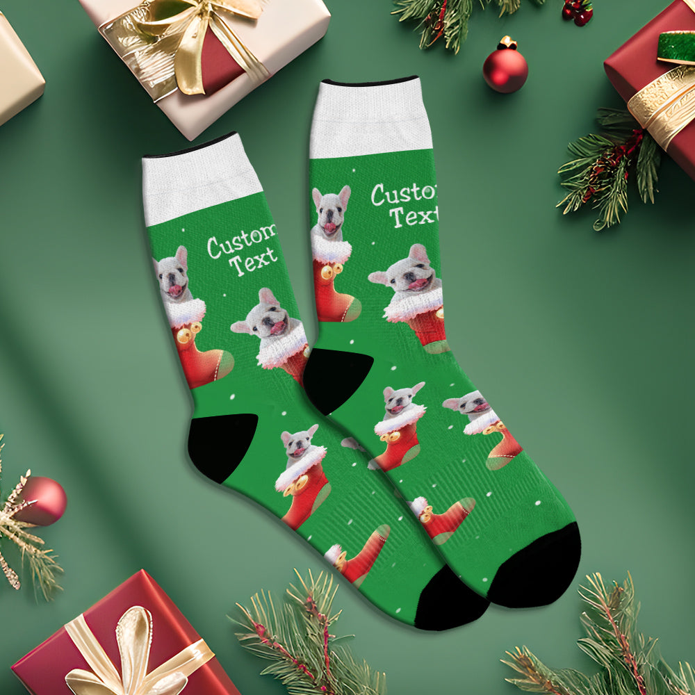 Custom Christmas Green Breathable Face Socks Personalized Dog Photo Soft Socks Gifts For Pet Lover