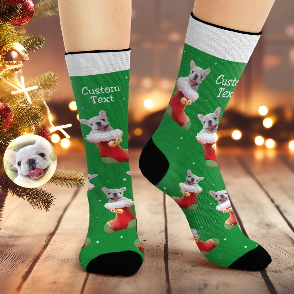 Custom Christmas Green Breathable Face Socks Personalized Dog Photo Soft Socks Gifts For Pet Lover